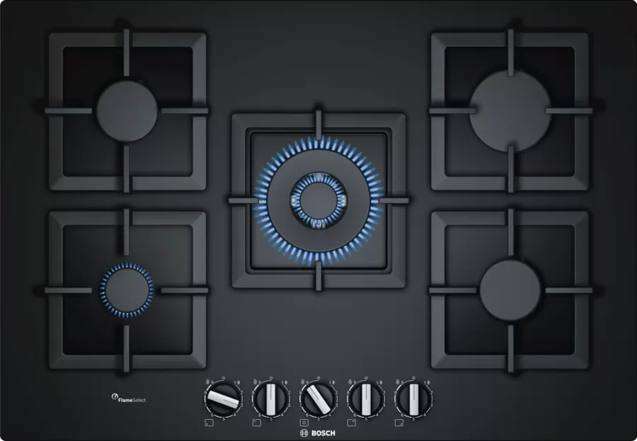BOSCH Serie 6 Gas Built-In Hob, 5 Burners, Black - PPQ7A6B20
