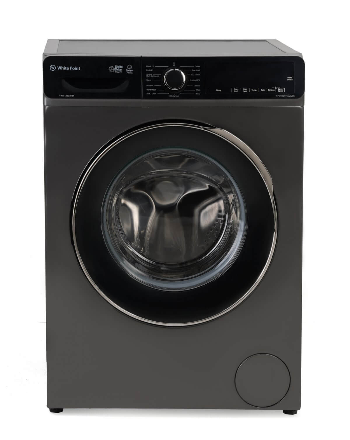 White Point Front Load Full Automatic Washing Machine, 9 KG, Grando Touch Screen, Inverter Motor, Steam Wash, Graphite – WPW9121TSSWVSG