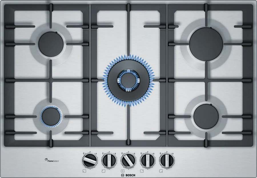 BOSCH Series 6 Gas Built-in Hob, 75CM, 5 Burners, FlameSelect, Stainless Steel - PCQ7A5B90