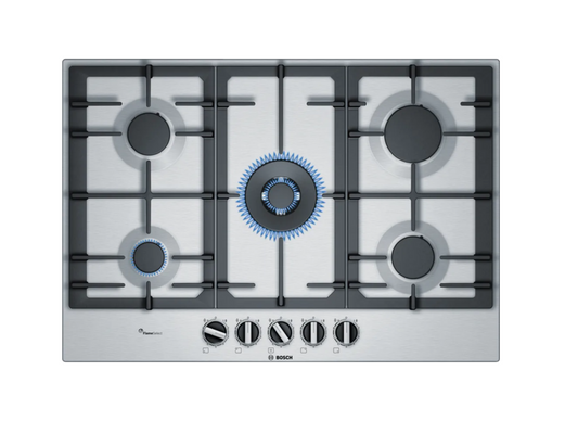 BOSCH Series 6 Gas Built-in Hob, 75CM, 5 Burners, FlameSelect, Stainless Steel - PCQ7A5B90